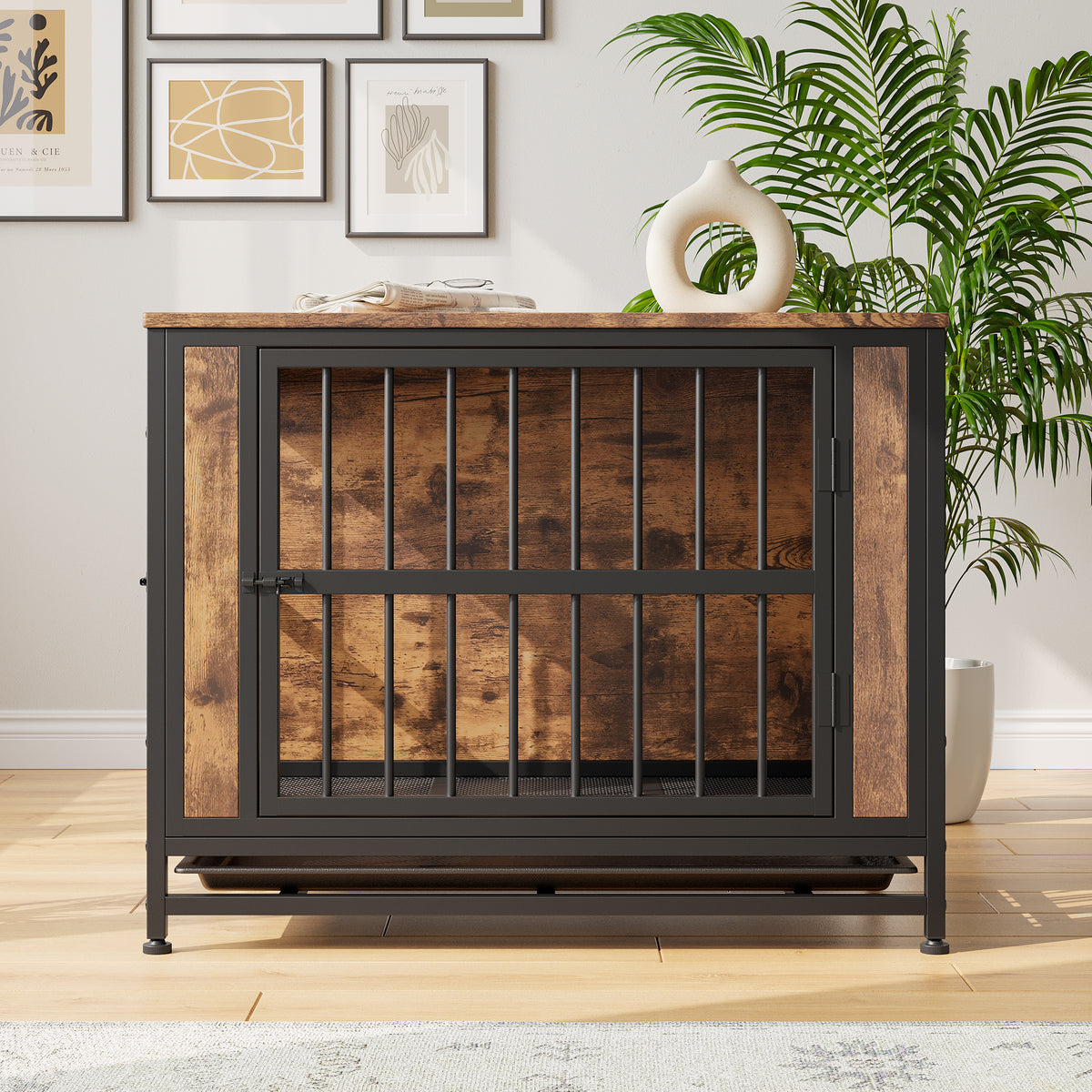 Dog Crate Furniture,Wooden Dog Crate Table, 32.8" Dog Kennel with 2 Sliding Doors and Thick Iron Door Frame, Decorative Pet Crate House for Medium/Small Dog Indoor Use(Rustic Brown) W840P203066-djyc