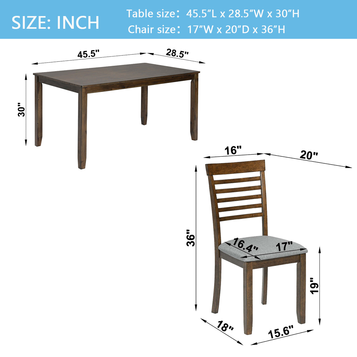 5 Piece Modern Dining Set, Rectangular Wooden Dining Table with 4 Upholstered Chairs for Kitchen, Dining Room, Walnut W1998S00017-djyc