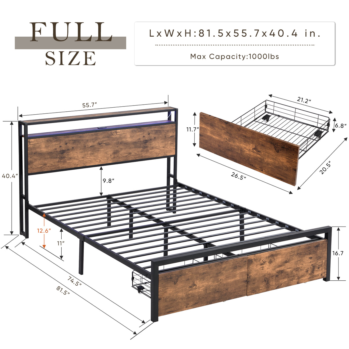 Full Size Bed Frame with Storage Headboard and 2 Drawers, LED Lights Bed with Charging Station, Metal Platform Bed No Noise, Mattress Foundation Strong Metal Slats Support No Box Spring Needed W1916126252-djyc