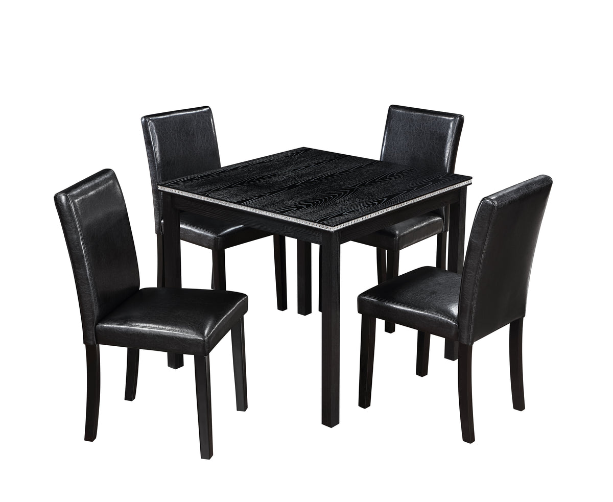 5 Piece Wooden Dining Table Set, Kitchen Table Set with a Square Table and 4 Upholstered Chairs, Wooden Dining Room Table with Crystal Decoration and Chairs Set for Kitchen, Dining Room, Black W1998S00041-djyc