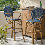 Outdoor Wicker and Aluminum 29.5' French Barstools, Set of 2, Navy Blue, Bamboo Print Finish 72605-djyc