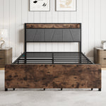 Full Size Bed Frame, Storage Headboard with Charging Station and 2 Storage Drawers,Vintage Brown and Gray W840137806-djyc