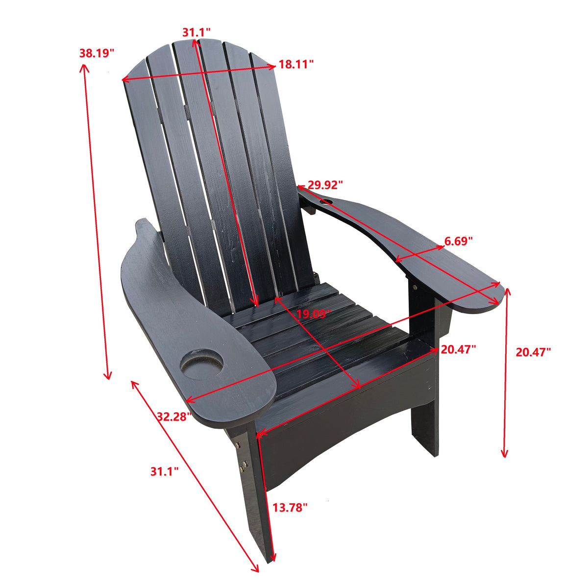 Outdoor or indoor Wood Adirondack chair with an hole to hold umbrella on the arm ,Black W49543728-djyc