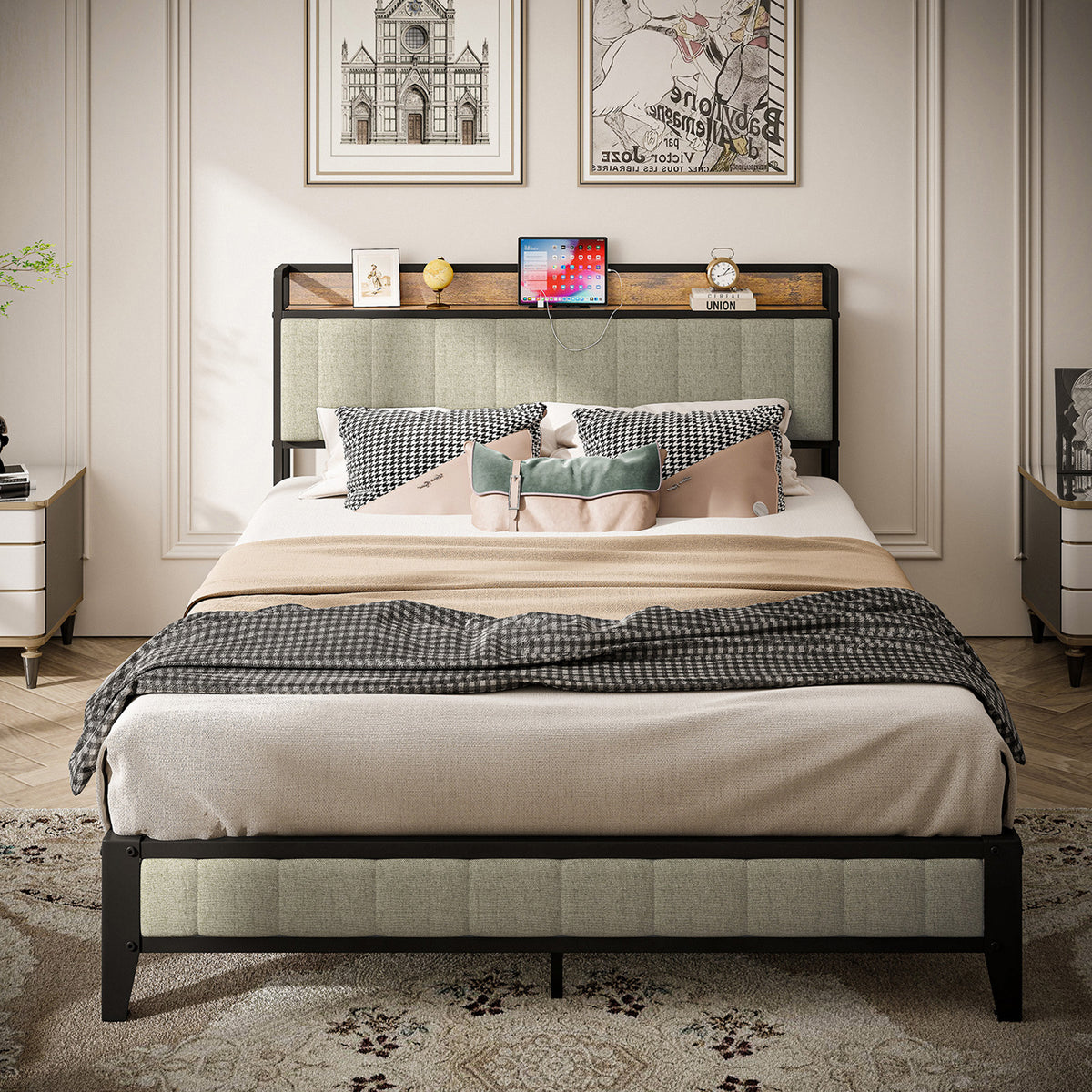 Full Size Bed Frame with Charging Station, Upholstered Headboard, Metal Platform, Grey W1960P162718-djyc