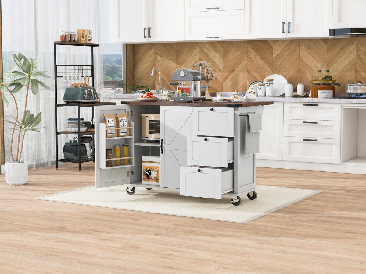 K&K 54.5" Farmhouse Kitchen Island with Power Outlet, Kitchen Storage Islandwith Internal Storage Rack, Drop Leaf, Spice Rack, Rolling Kitchen Cart on Wheels, for Home, Kitchen and Dining Room,White N707P170349W-djyc