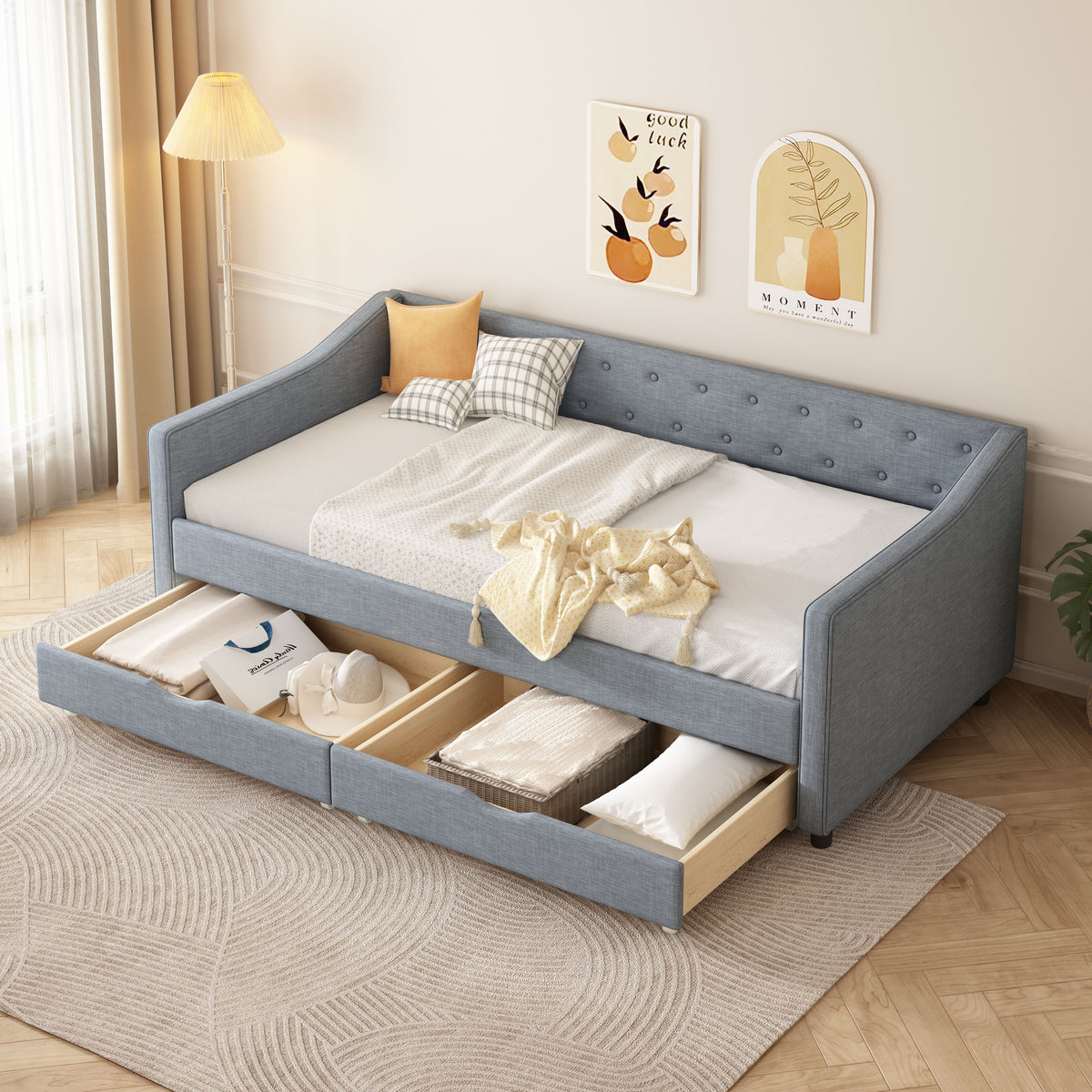 Twin Size Daybed with Drawers Upholstered Tufted Sofa Bed, with Button on Back and Piping on Waved Shape Arms-Light Grey W2336S00005-djyc