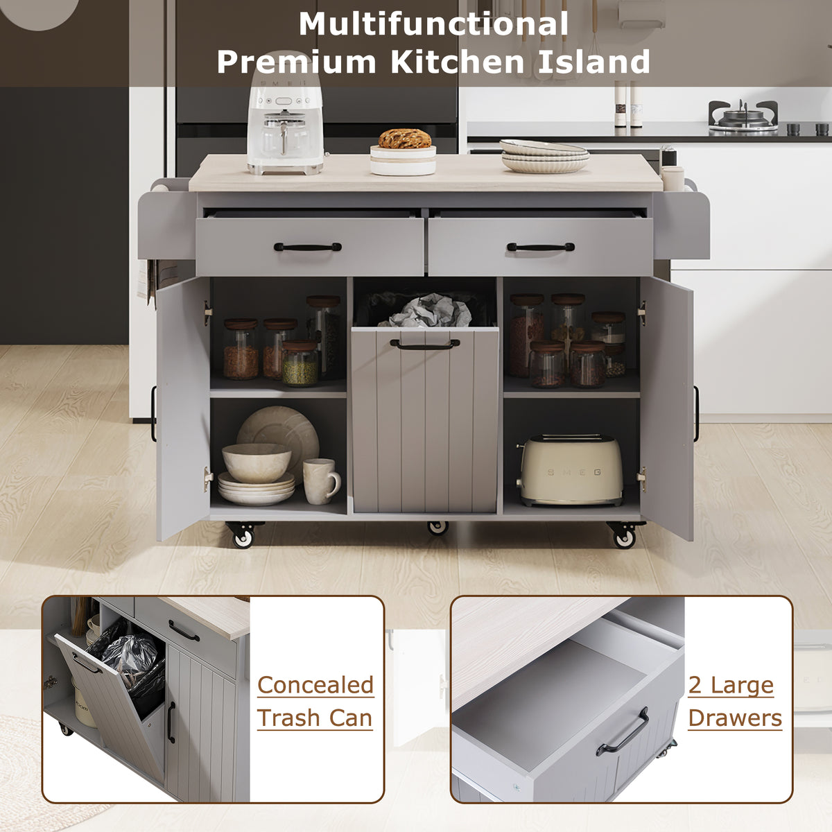 K&K Kitchen Island with Trash Can Storage Cabinet, Kitchen Cart with Drop Leaf, Spice Rack, Towel Rack and Drawer, Rolling Kitchen Island on Wheels with Adjustable Shelf, Grey WF326381AAG-djyc