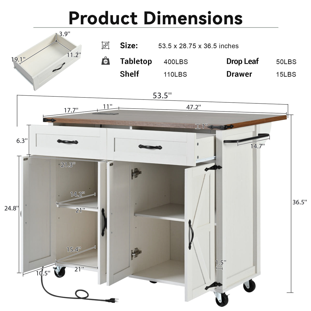 K&K 53.5''Farmhouse Kitchen Island with Power Outlet, Kitchen Storage Island with Drop Leaf, Spice Rack and Drawer, Rolling Kitchen Cart on Wheels, for Home, Kitchen and Dining Room, White N707P170348W-djyc