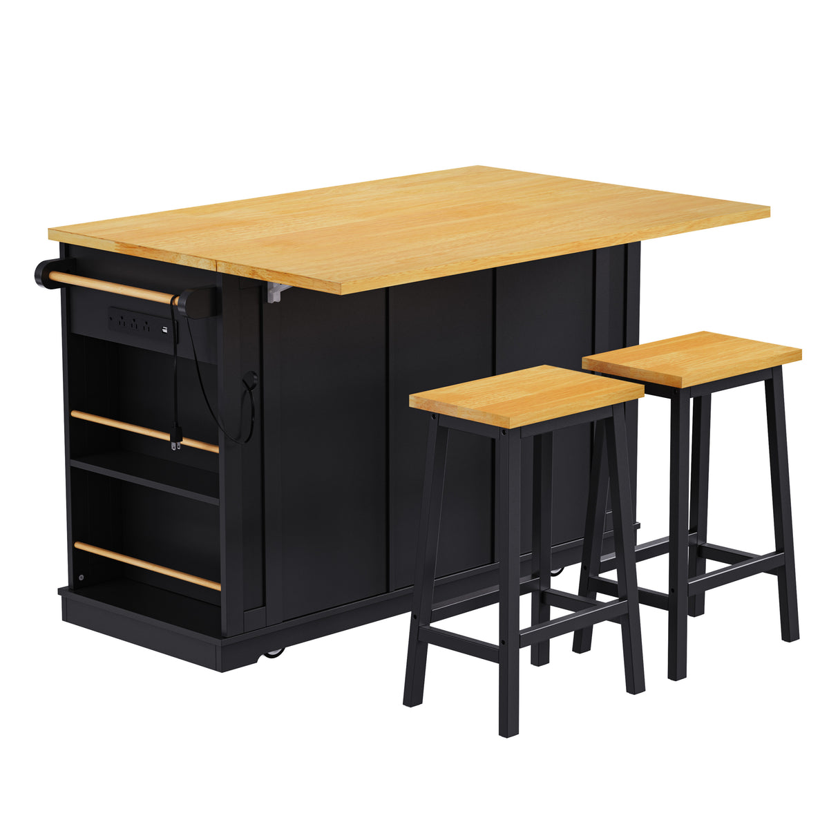 K&K 53inch Large Kitchen Island with 2 Bar Stools, Power Outlet,Door Internal Storage Rack, Kitchen Storage Cart on 5 Wheels with Drop Leaf, 5 Open Side Racks, 3 Drawers, for Kitchen,Dining Room,Black N707S000007B-djyc