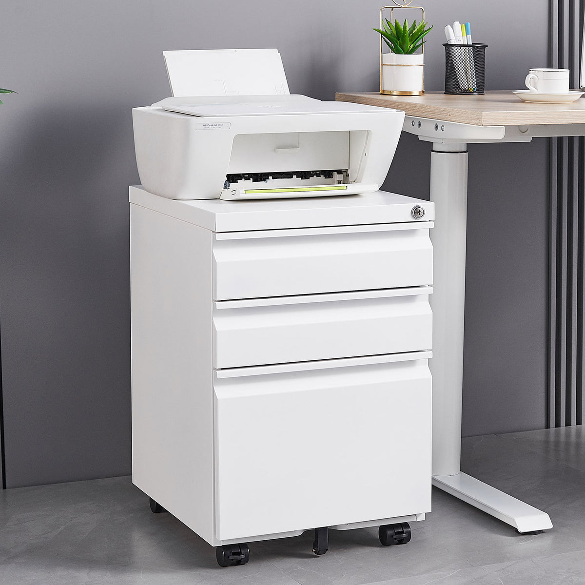 3-Drawer Mobile File Cabinet with Lock, Office Storage Filing Cabinet for Legal/Letter Size, Pre-Assembled Metal File Cabinet Except Wheels Under Desk(White) W124770977-djyc