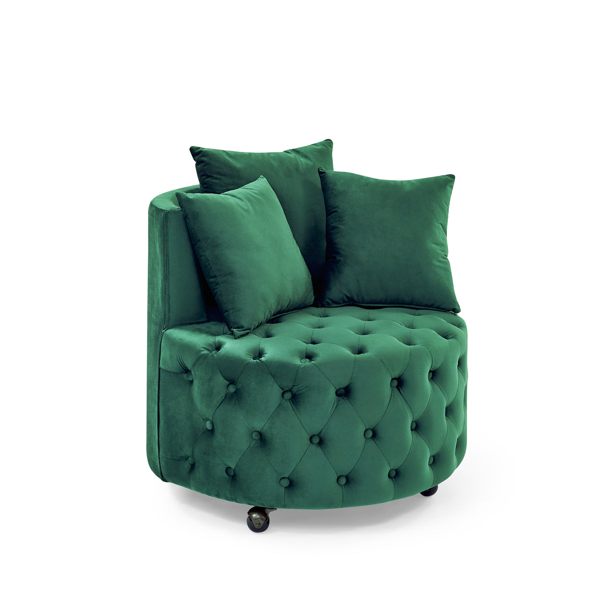 Velvet Upholstered Swivel Chair for Living Room, with Button Tufted Design and Movable Wheels, Including 3 Pillows, Green W48790919-djyc