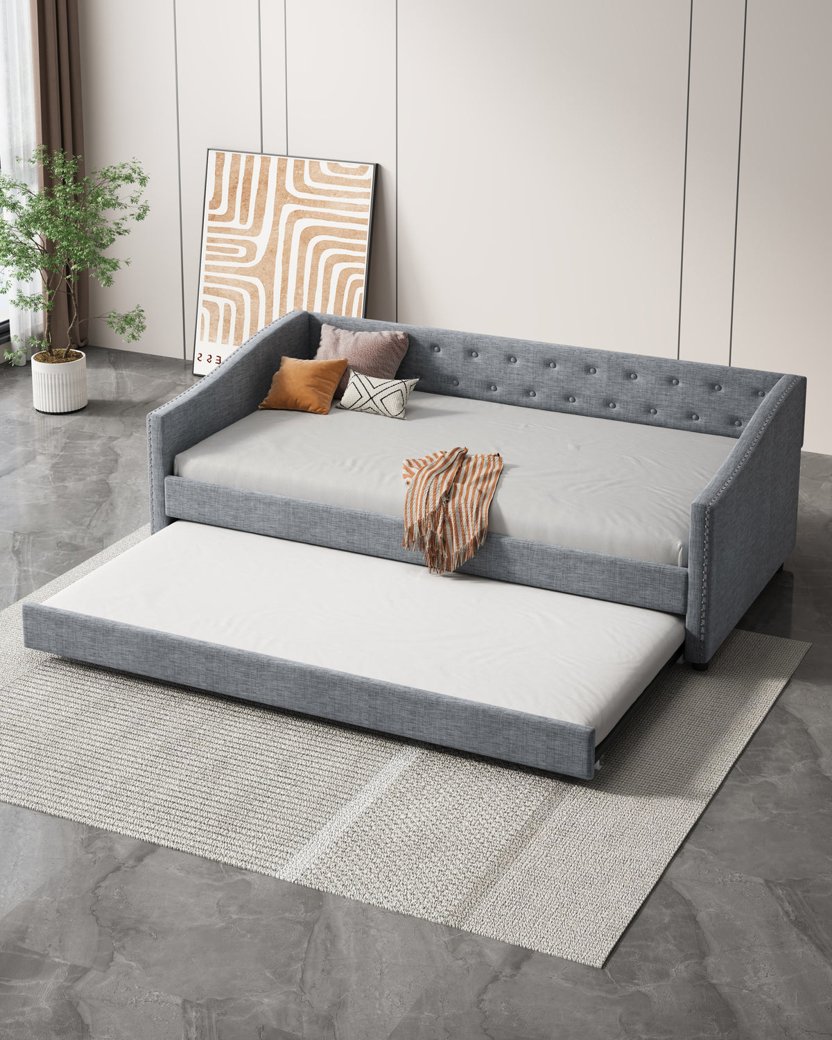 Twin Size Daybed with Twin Size Trundle Upholstered Tufted Sofa Bed, with Button on Back and Copper Nail on Waved Shape Arms-Light Grey W2336S00009-djyc