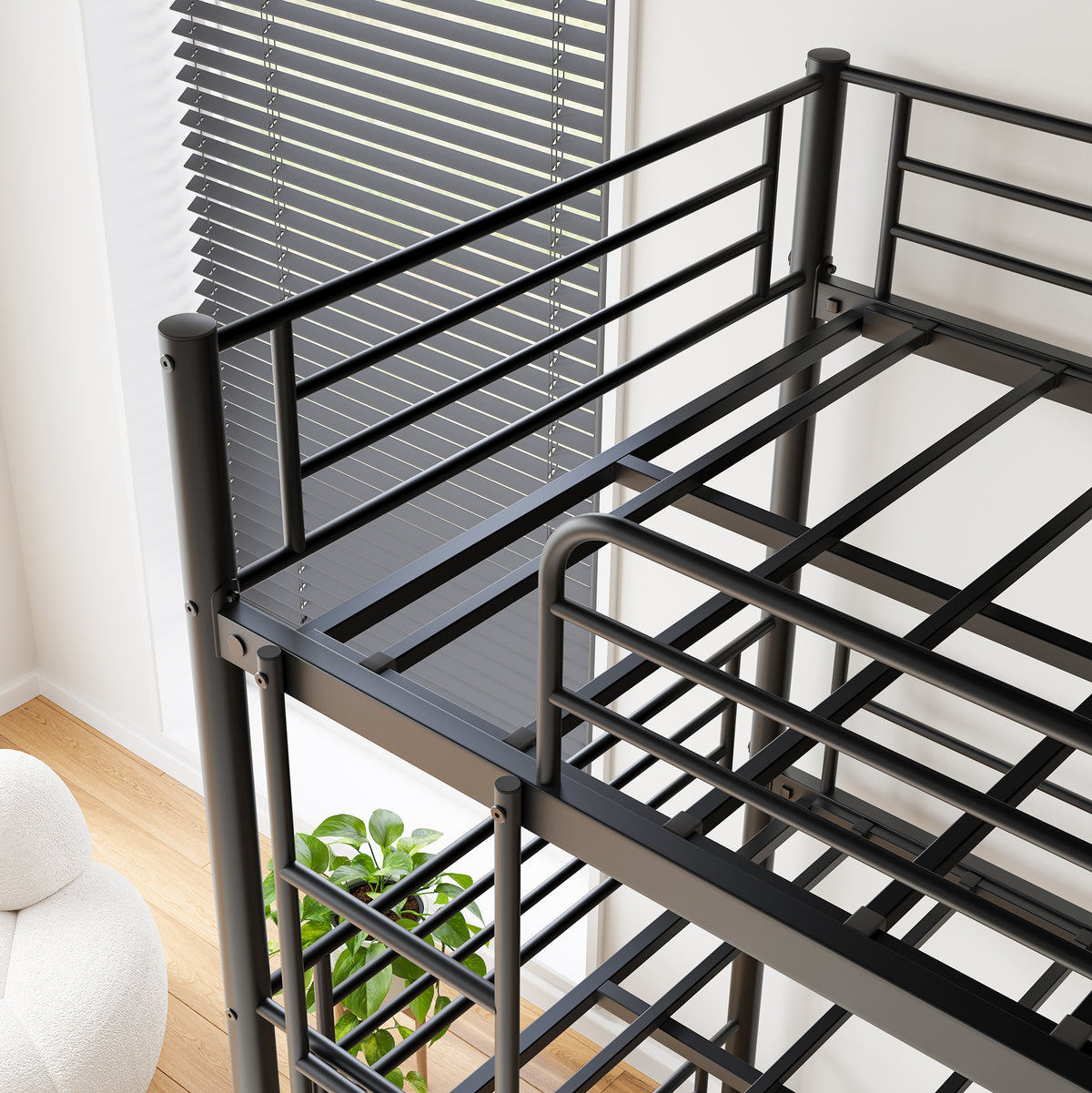 Triple Twin Bunk Beds, Twin Over Twin Over Twin Metal Bunk Bed Platform Frame, Two Attached Ladders, Easy Access Guard-Rail, No Box Spring Need (Black) W840P209935-djyc