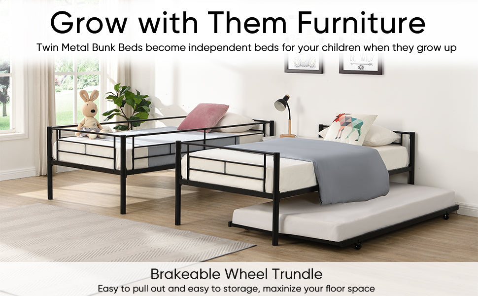 Over Twin Bunk Bed Frame with Trundle,Metal Bunkbed with Sturdy Guard Rail and 2 sideLadders for Kids/Adults,Can be Divided Into Two Beds, No Box Spring Needed, Noise Free for Dorm,Black W1916115338-djyc