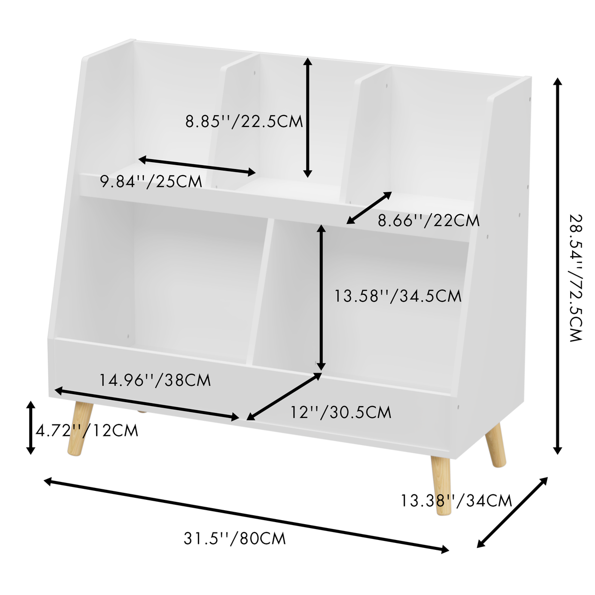 Kids Bookshelf and Toy Organizer, 5 Cubbies Wooden Open Bookcase, 2-Tier Baby Storage Display Organizer with Legs, Free Standing for Playing Room, Bedroom, Nursery, Classroom, White W808127563-djyc