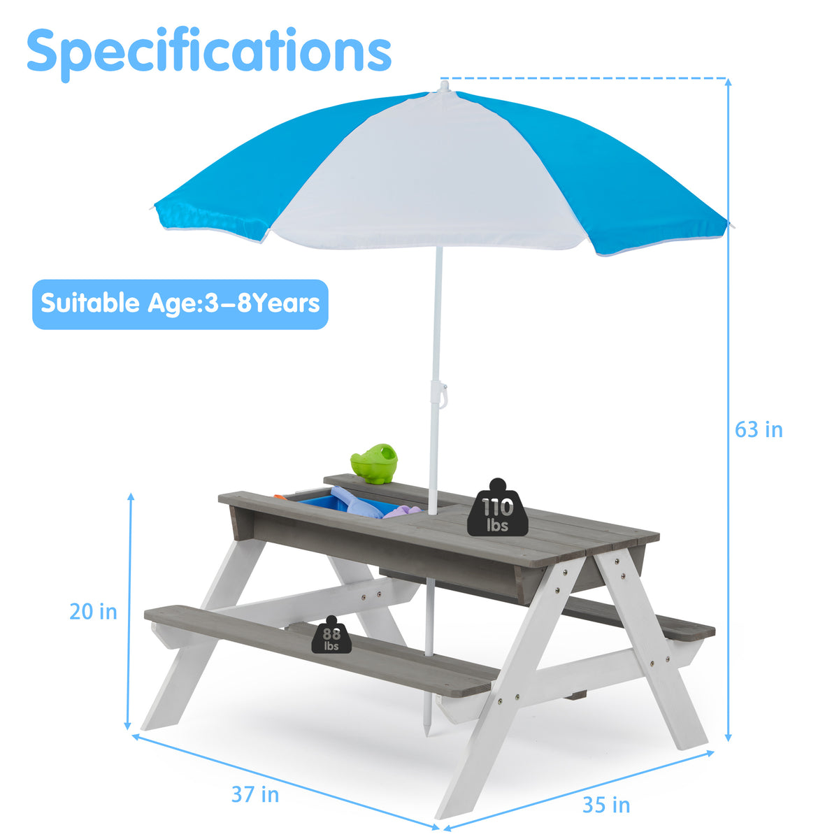 3-in-1 Kids Outdoor Wooden Picnic Table With Umbrella, Convertible Sand & Wate, Gray ASTM & CPSIA CERTIFICATION W1390104709-djyc