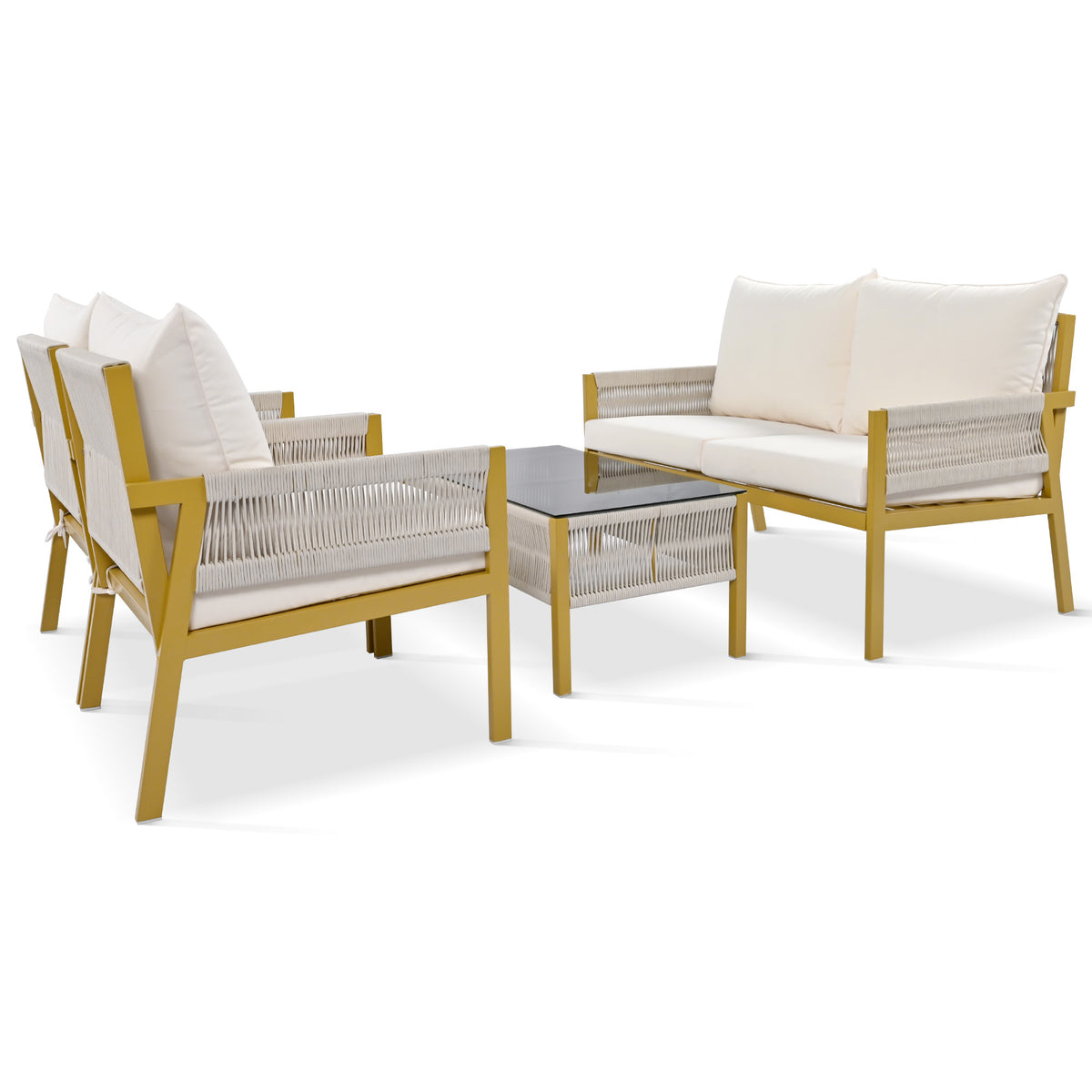 K&K 4-Piece Rope Patio Furniture Set, Outdoor Furniture with Tempered Glass Table, Patio Conversation Set Deep Seating with Thick Cushion for Backyard Porch Balcony (Beige&Mustard Yellow) SK000003AAZ-djyc