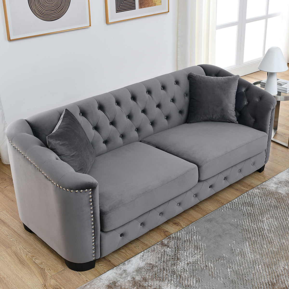 77-Inch Modern Chesterfield Velvet Sofa, 3-Seater Sofa, Upholstered Tufted Backrests with Nailhead Arms and 2 Cushions for Living Room, Bedroom, Apartment, Office (Grey)-W834S00644