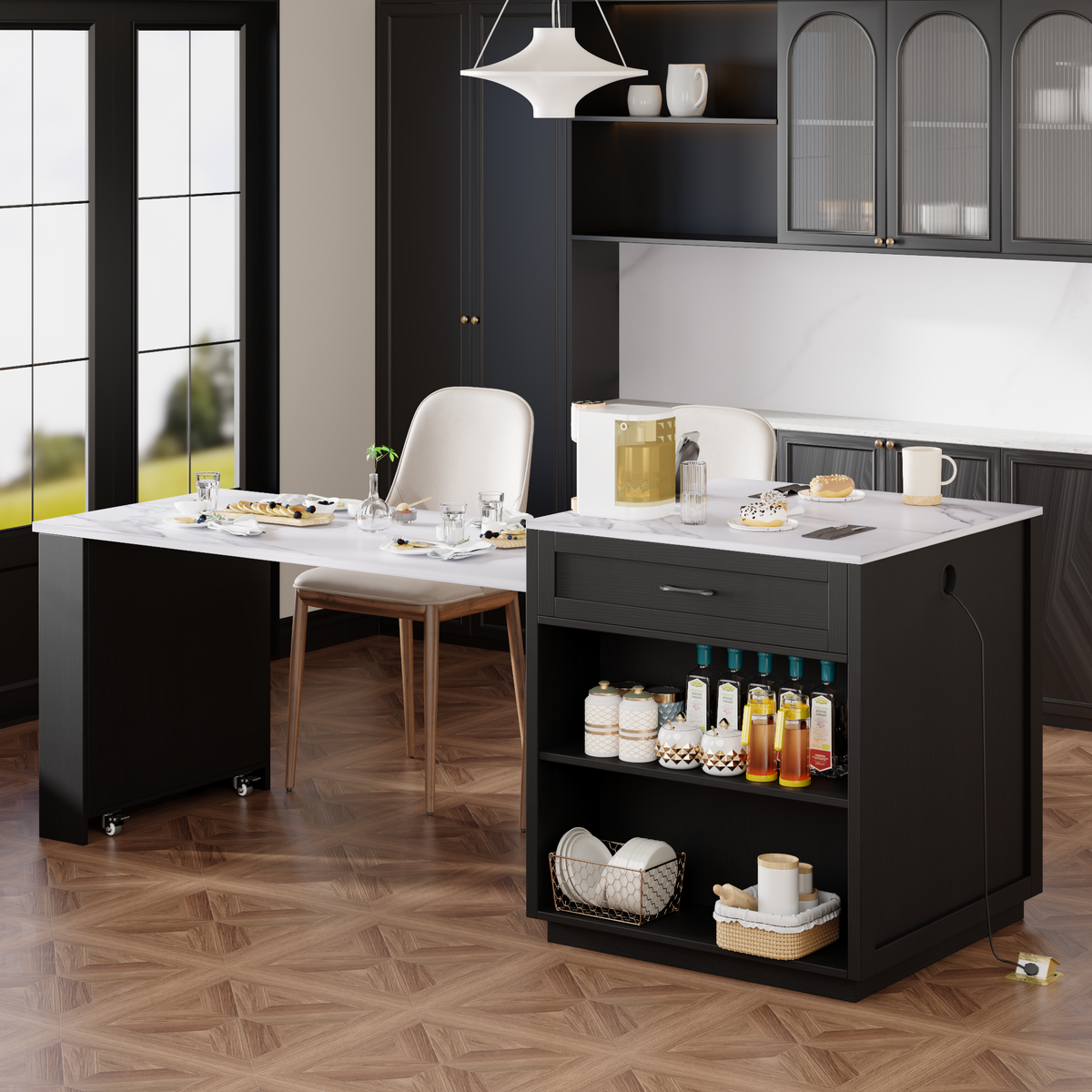 K&K 82.7 inch Kitchen Island with Extendable Dining Table for 4-6 Person,Faux Mable Kitchen Table with Double-sized Storage,Power Outlet,Kitchen island with Storage 2 Drawers 2 Side Open Shelves,Black N707S000010B-djyc