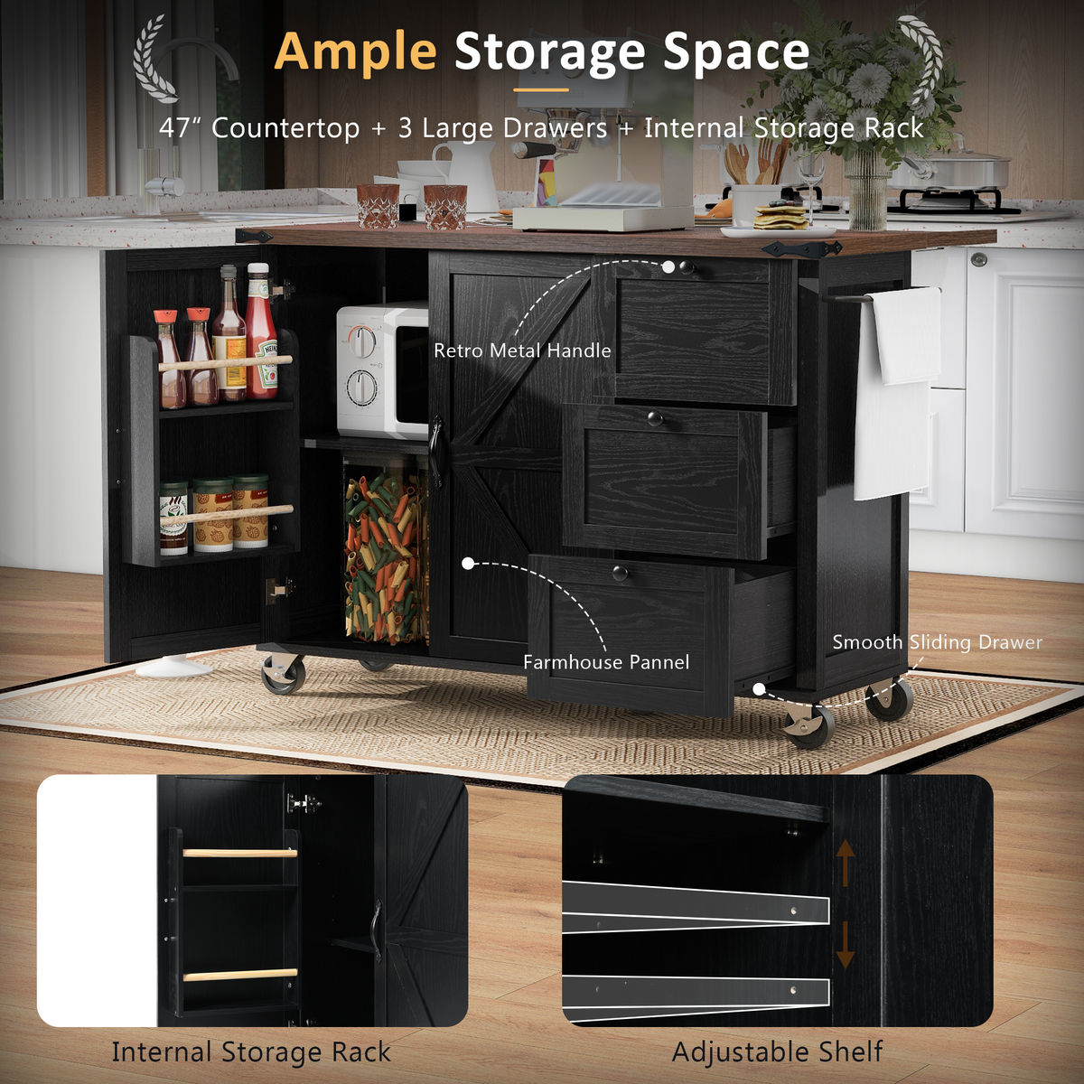 K&K 54.5" Farmhouse Kitchen Island with Power Outlet, Kitchen Storage Islandwith Internal Storage Rack, Drop Leaf, Spice Rack, Rolling Kitchen Cart on Wheels, for Home, Kitchen and Dining Room,Black N707P170349B-djyc