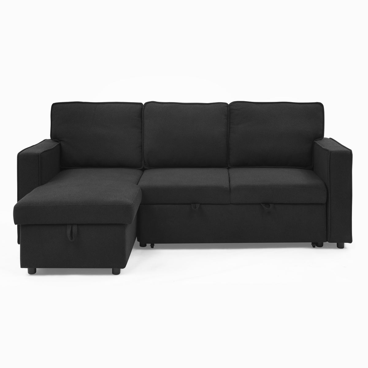 Linen Upholstered Sleeper Sectional Sofa, Shaped Modular Convertible Sofa with Storage Chaise,There are two cup holders in the middle and USB multi-interface function,Pull Out Sleep Couch Bed ,Black W487S00246-djyc