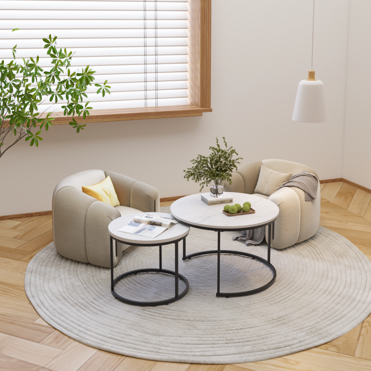 Nesting Coffee Table Set of 2, 27.6inch Round Coffee Table Wood Marble Pattern Top with Sturdy Metal Frame, End Table Side Tables for Living Room Bedroom Balcony Yard (White) W808P176725-djyc