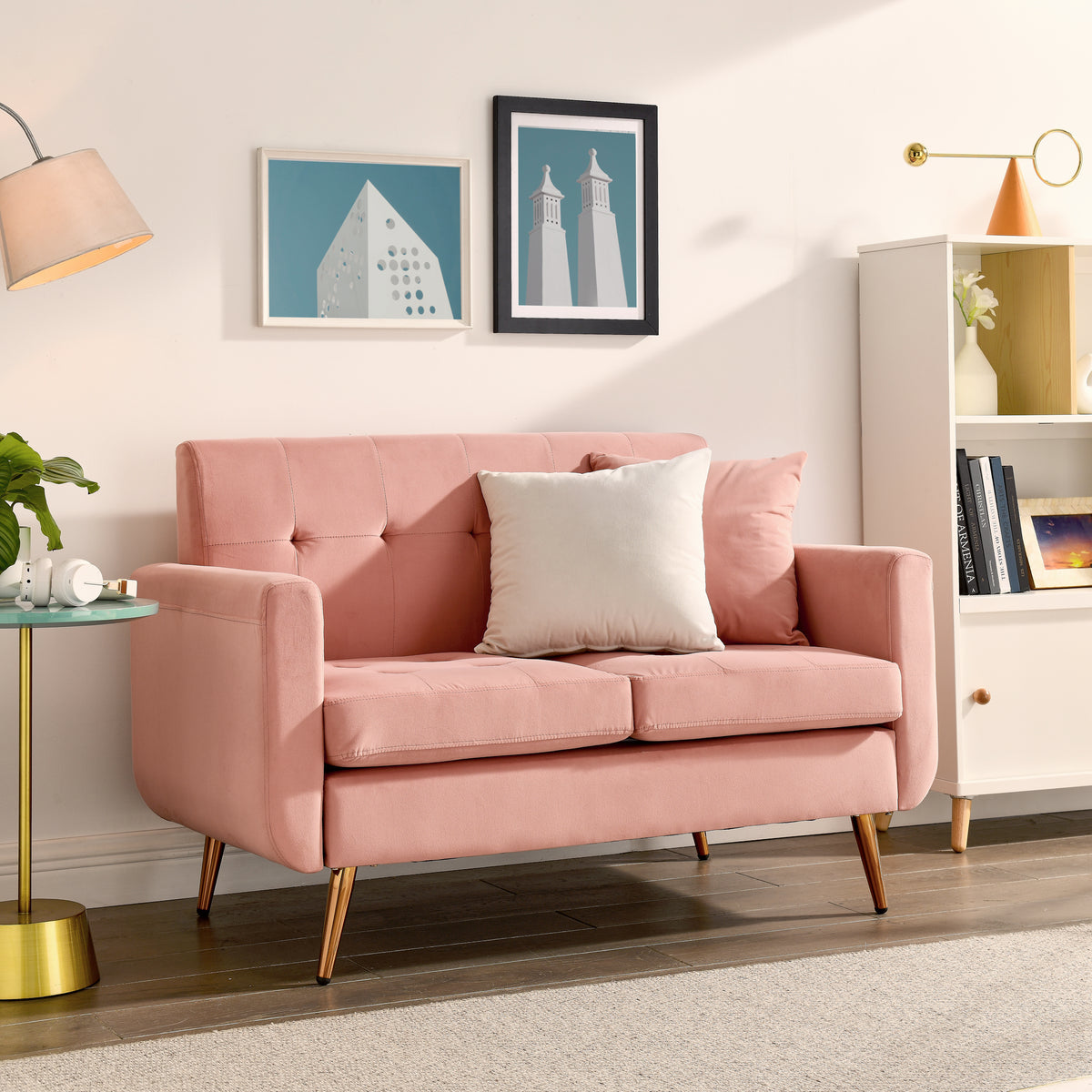 Loveseat Sofa, Mid Century Modern Decor Love Seat Couches for Living Room, Button Tufted Upholstered Small Couch for Bedroom, Solid and Easy to Install Love Seats Furniture,Pink W487P189546-djyc