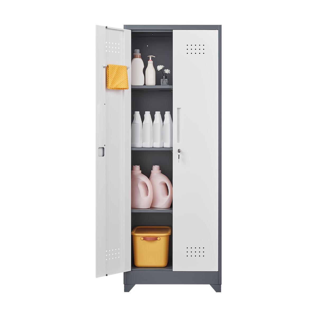 Metal Storage Cabinets, Cleaning Tool Cabinet with Locking Door, Tall Broom Tool Organizer and Storage, Large Storage Cabinet for Kitchen, Pantry, Office, Shop W328P193782-djyc