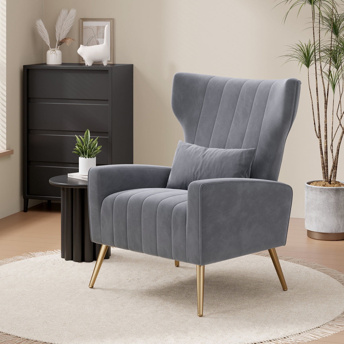 Fashionable High-Back Velvet Upholstered Armchair: High-Density Foam & Adjustable Feet FU01055-wz