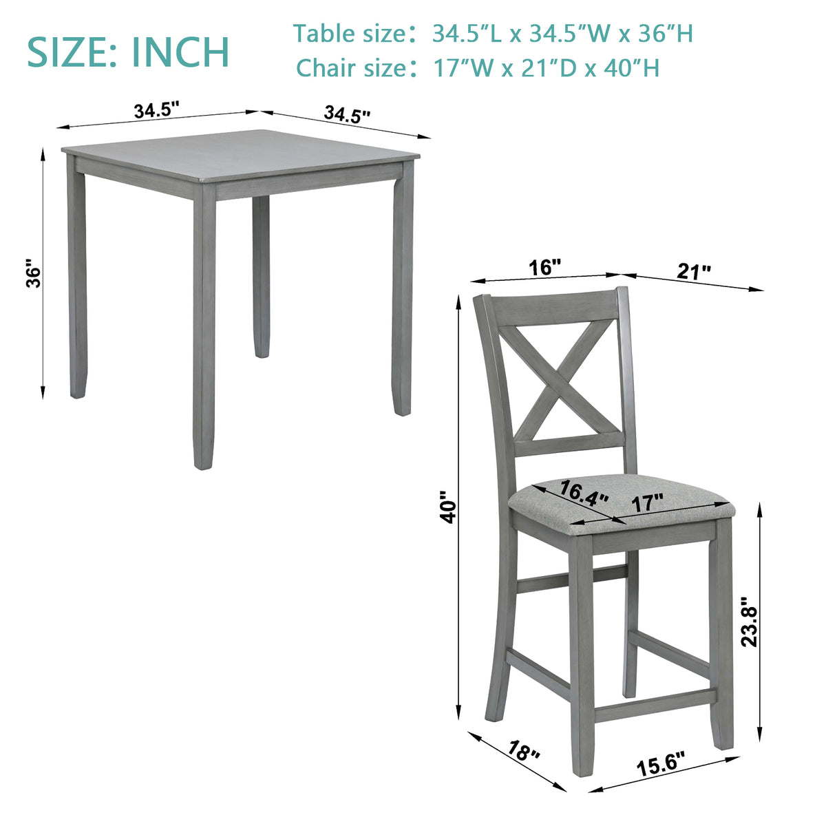 5 Piece Dining Table Set, Wooden Dining Square Table Set for 4, Counter Height Kitchen Table Set with Square Table and 4 Upholstered Chairs for Small Space, Gray W1998S00028-djyc