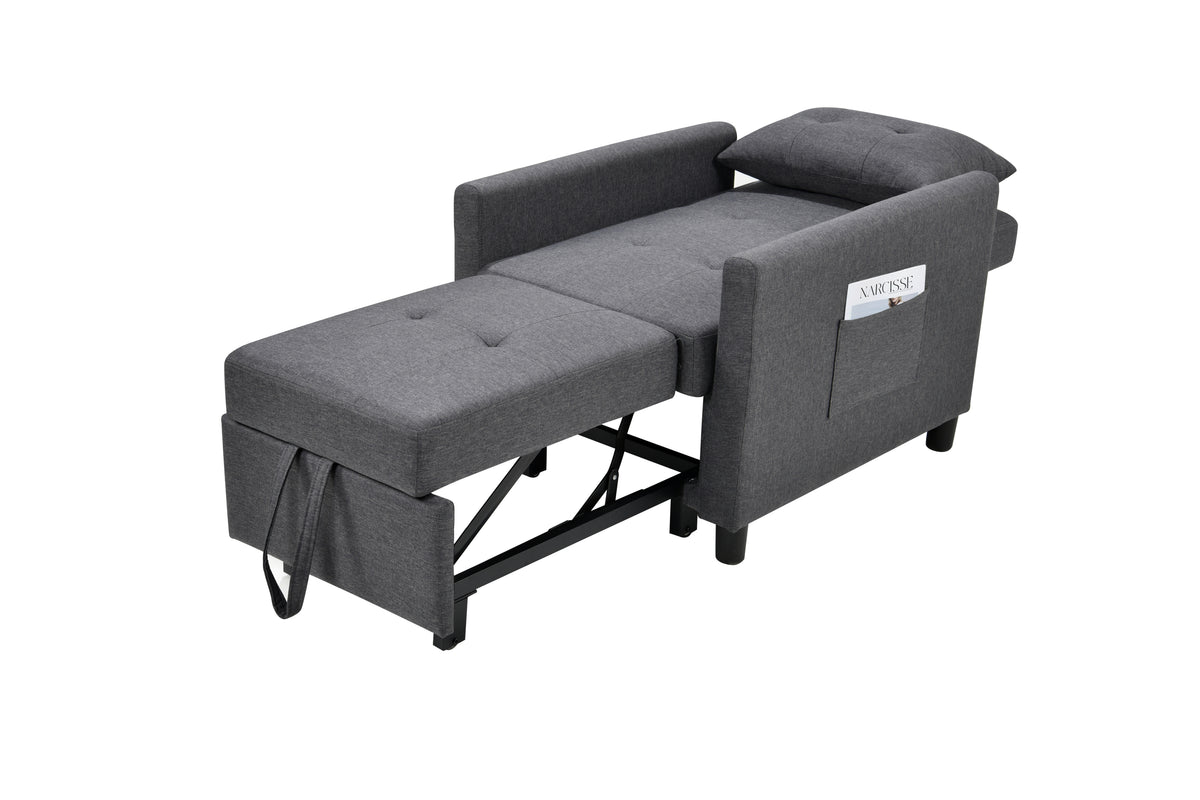 3-in-1 Convertible Futon Sofa Bed with Adjustable Backrest, Single Sofa Bed with Pull Out Sleeper, Convertible Futon Chair for Living Room, Side Bag and 1 Lumbar Pillow,Dark Gray W1998121160-djyc