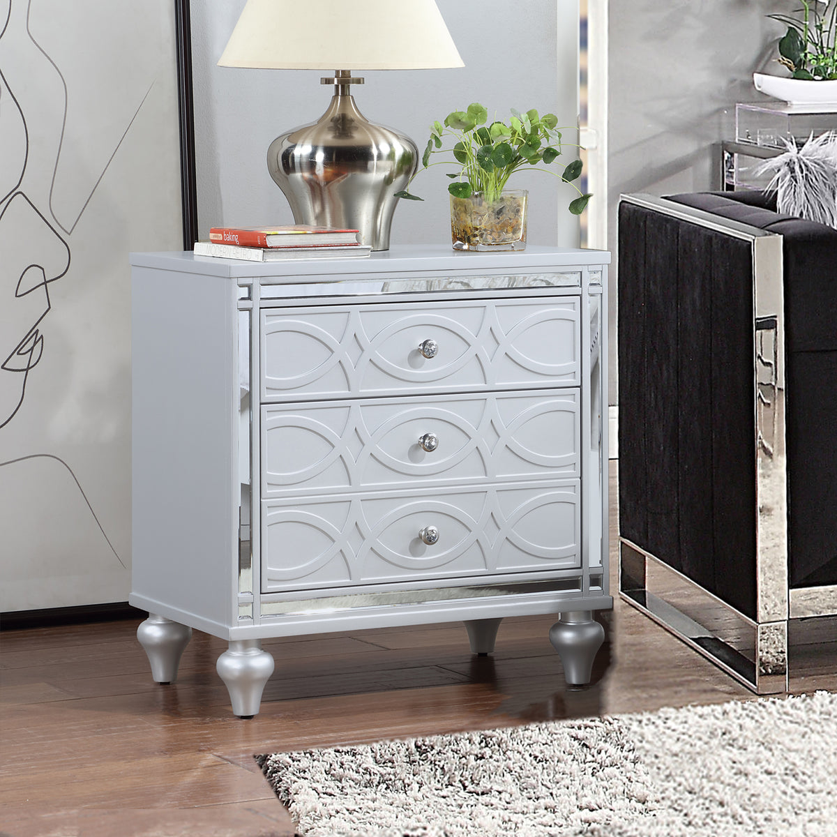 Contemporary Nightstands with mirror frame accents, Bedside Table with two drawers and one hidden drawer, End Table with Crystal Pull for Living Room,Bedroom, Silver W1998131734-djyc