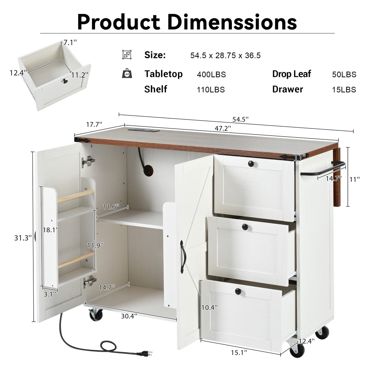 K&K 54.5" Farmhouse Kitchen Island with Power Outlet, Kitchen Storage Islandwith Internal Storage Rack, Drop Leaf, Spice Rack, Rolling Kitchen Cart on Wheels, for Home, Kitchen and Dining Room,White N707P170349W-djyc