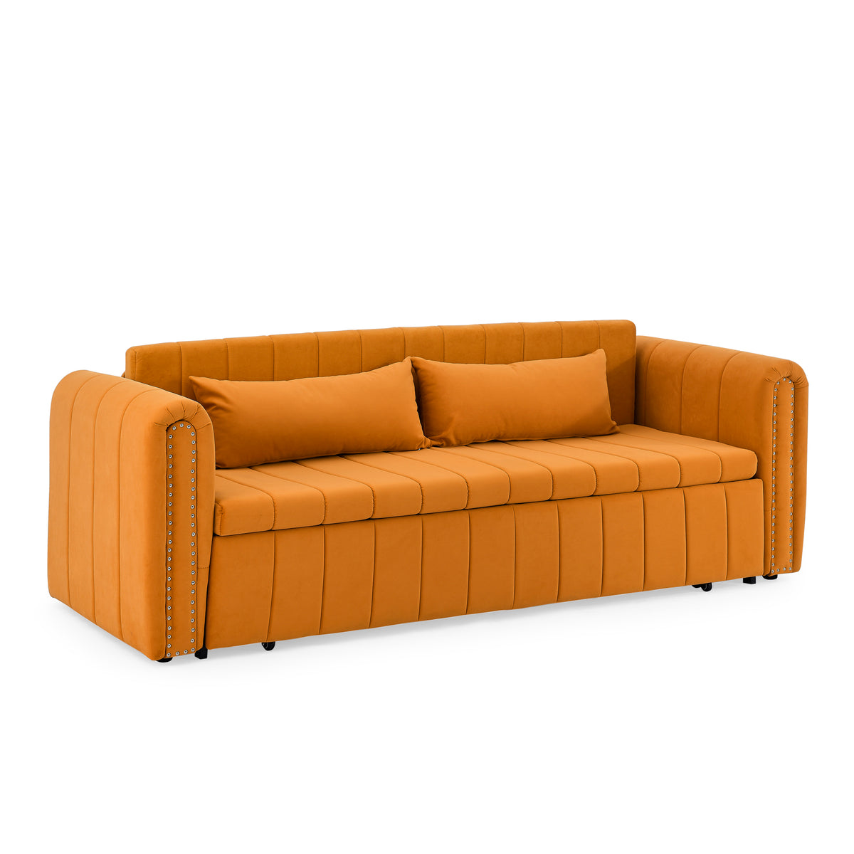 3 in 1 Pull-Out Bed Sleeper, Modern Upholstered 3 Seats Lounge Sofa & Couches with Rolled Arms Decorated with Copper Nails , Convertible Futon 3 Seats Sofabed with Two Drawers and Two Pillows W487S00214-djyc