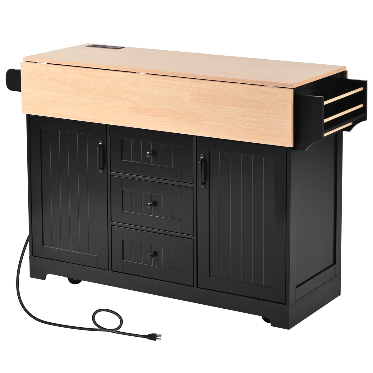 K&K 55.7'' Large Kitchen Island with 2 Drop Leaf,, Rolling Kitchen Cart on 5 Wheels with Power Outlet, Folding Storage Dining Table with Spice & Towel Rack , 3 Drawers, for Kitchen, Dining Room,Black N707P186617B-djyc