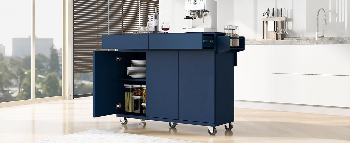 K&K 53.2''Kitchen Island with Drop Leaf, Kitchen Storage Cart with Spice Rack, Towel Rack and 2 Drawers, Rolling Kitchen Island on Wheels with Adjustable Shelves for Kitchen, Dining Room, Navy Blue N707P173041G-djyc