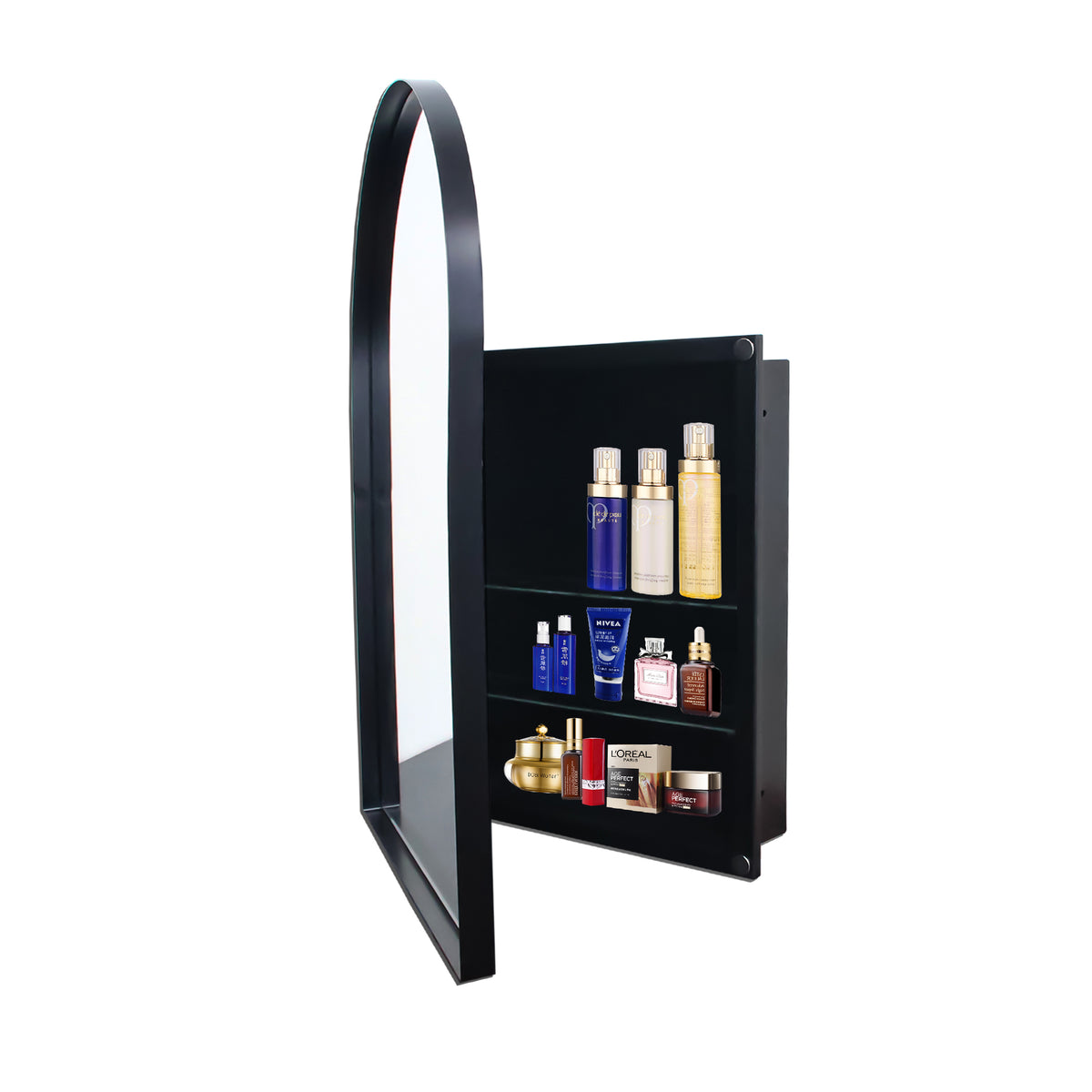 24x36 Inch Arched Recessed Medicine Cabinet, Metal Framed Bathroom Wall Cabinet with Mirror and Adjustable Shelves, Wall Mirror with Storage for Bathroom, Matte Black W1435P182919-djyc