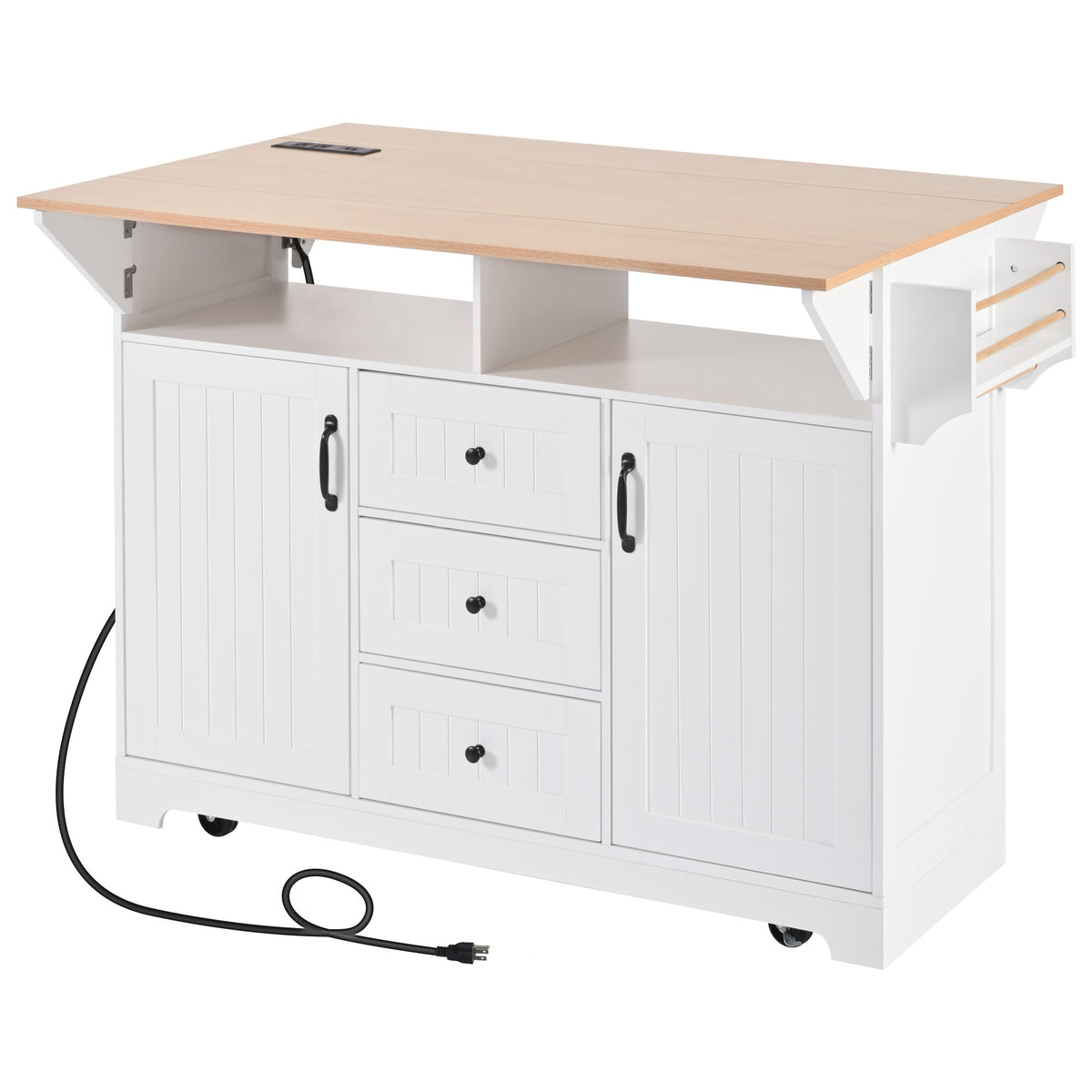 K&K 55.7'' Large Kitchen Island with 2 Drop Leaf,, Rolling Kitchen Cart on 5 Wheels with Power Outlet, Folding Storage Dining Table with Spice & Towel Rack , 3 Drawers, for Kitchen, Dining Room,White N707P186617W-djyc