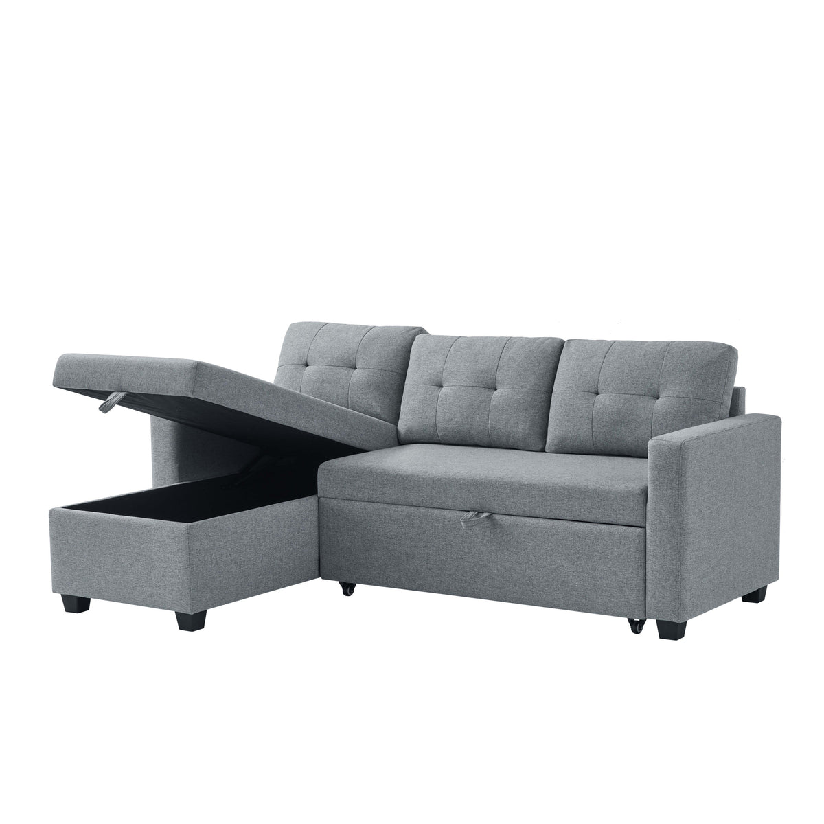 Upholstered Pull Out Sectional Sofa with Storage Chaise, Convertible Corner Couch, Light Grey W2336S00013-djyc