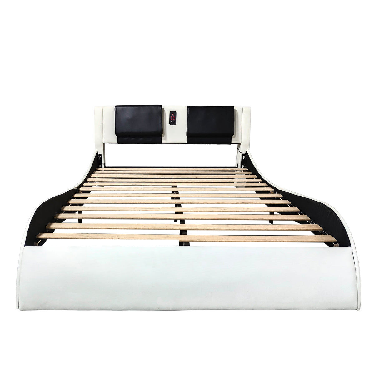 Faux Leather Upholstered Platform Bed Frame with led lighting, Bluetooth connection to play music control, Backrest vibration massage, Curve Design, Wood Slat Support, One-Carton Package, Queen W1360119721-djyc