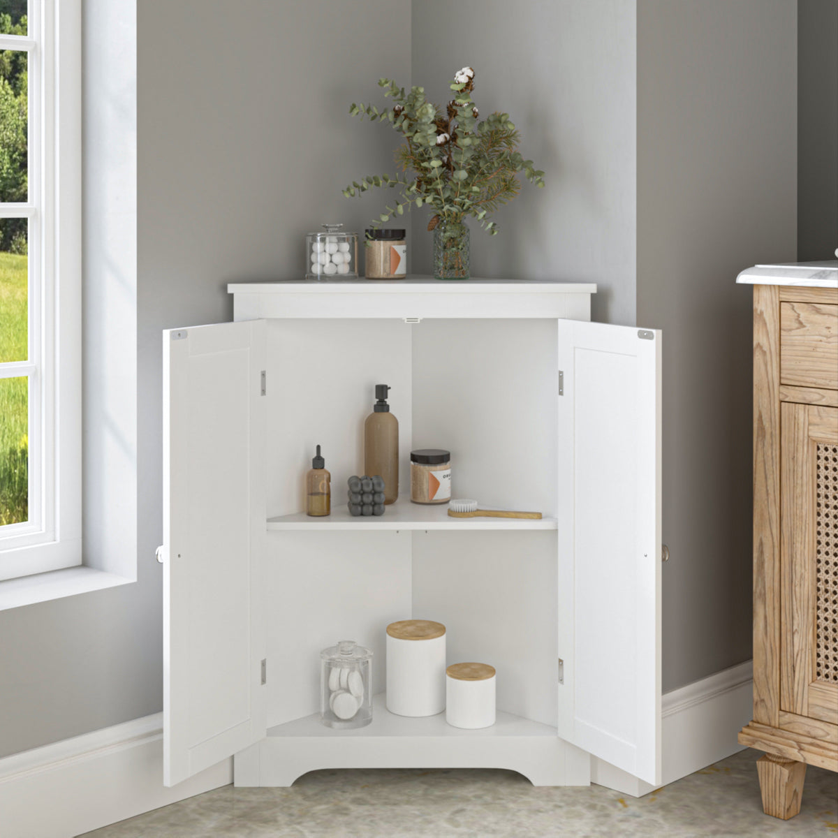 Floor Corner Cabinet with 2 Doors and Adjustable Shelves, Freestanding Narrow Cabinet Organizer, Corner Storage Cabinets for Bathroom, Kitchen, Living Room, or Bedroom, White W808P175911-djyc