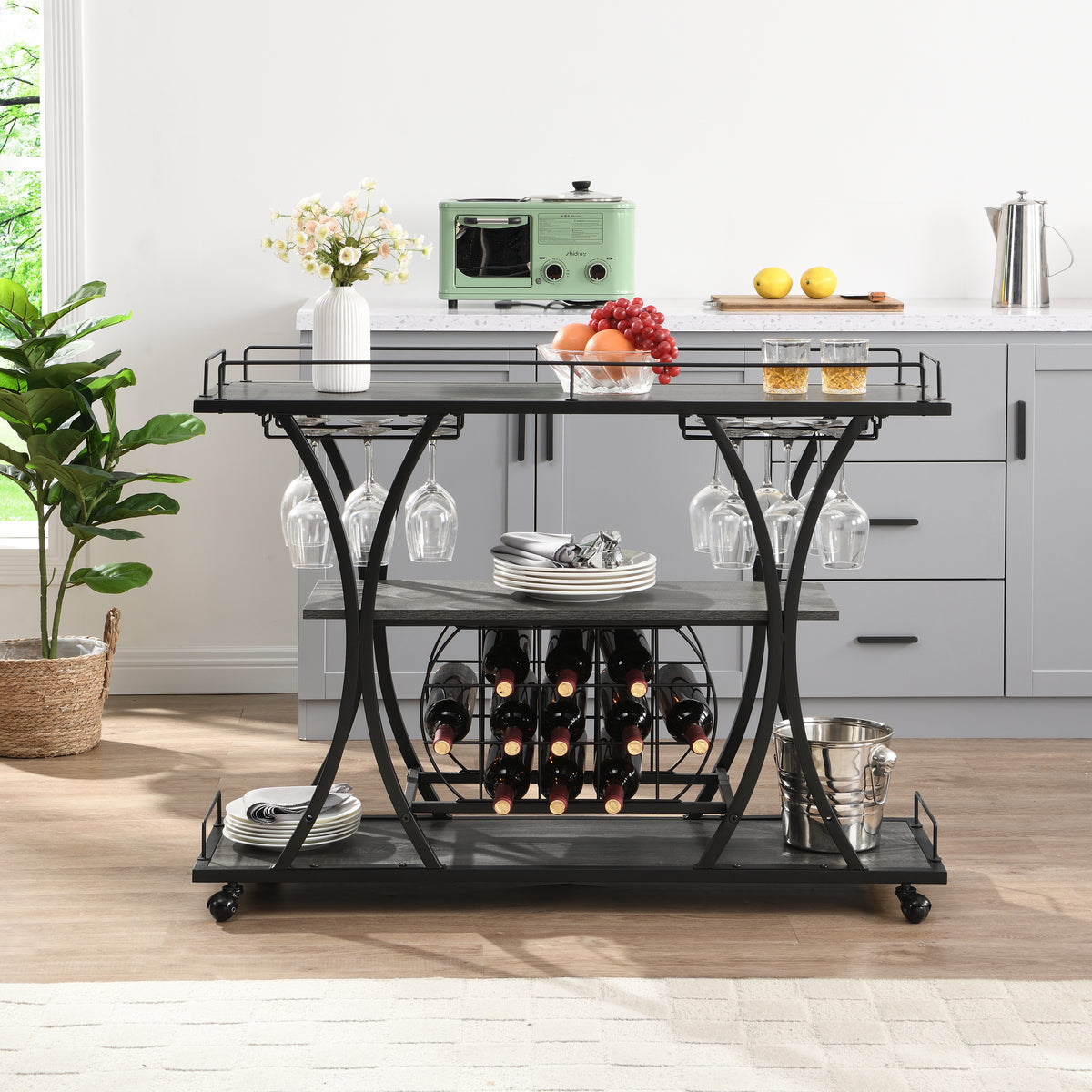 Industrial Bar Cart Kitchen Bar&Serving Cart for Home with Wheels 3 -Tier Storage Shelves W82151001-djyc