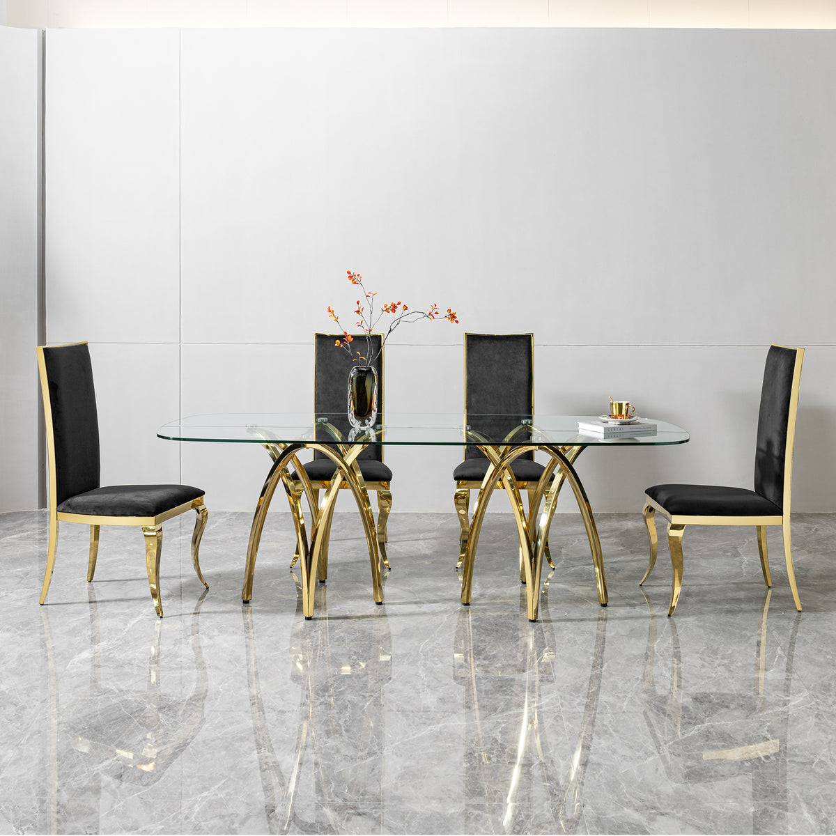 0.47" Thick Tempered Clear Glass Rectangular Big Dining Table with Gold Stainless Steel Base 86.61" L x 39.37" W x 29.92" H W2723S00001-djyc