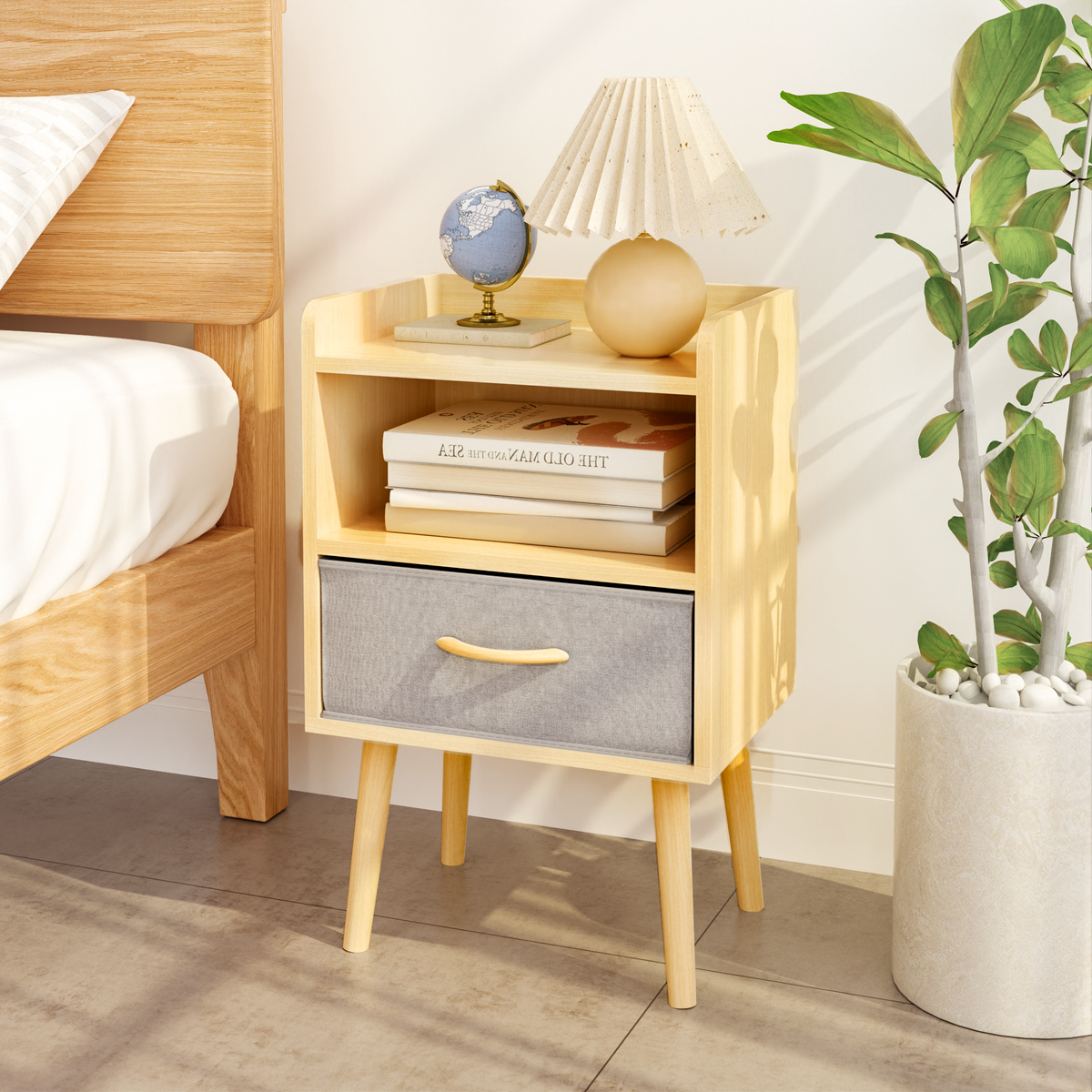 Nightstand With Collapsible Fabric Drawer, 2-Tier Storage End Table, Wood Side Table with Storage Cabinet or Kids, Adults - Oak W808P147110-djyc