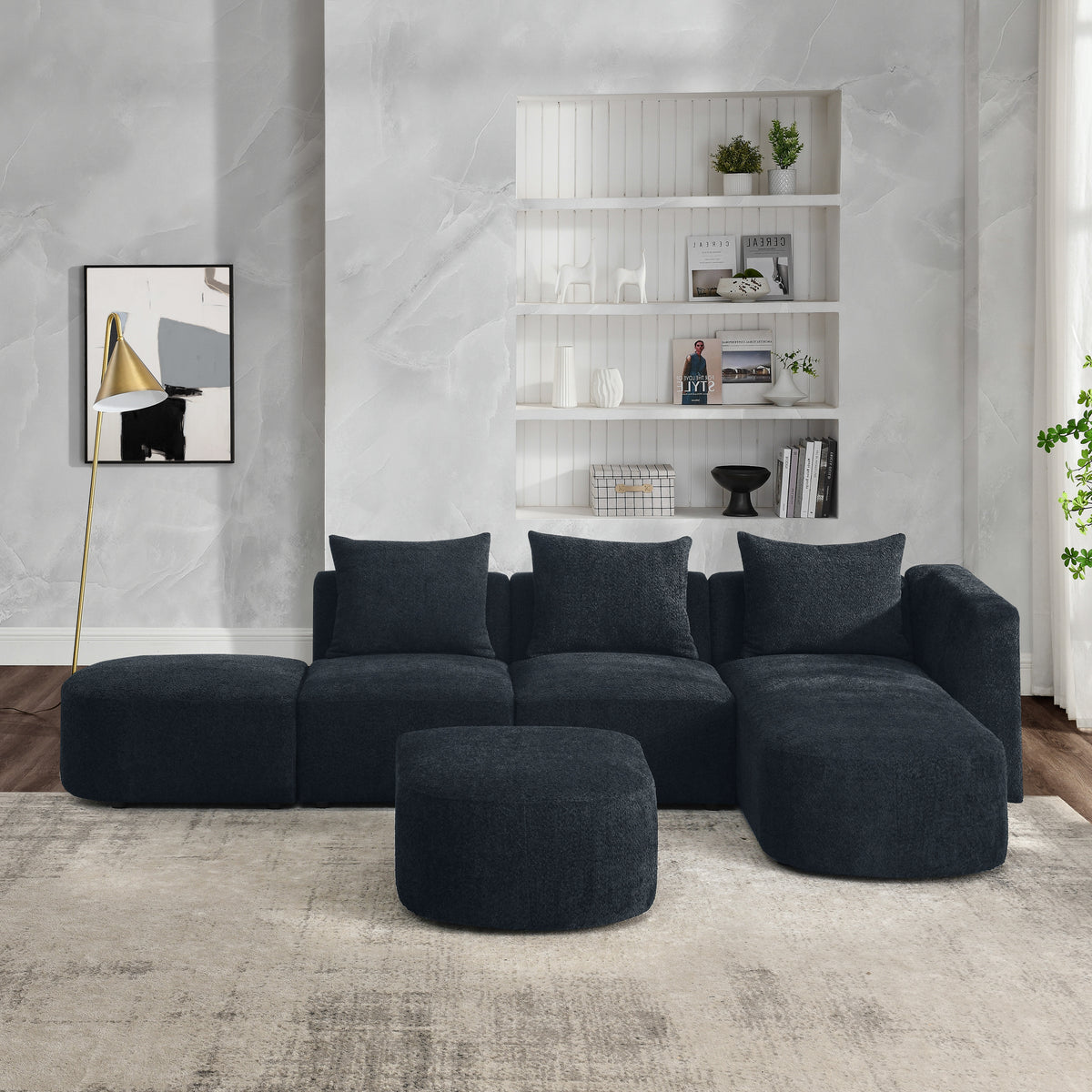 L Shape Sectional Sofa with Right Side Chaise and Ottoman, Modular Sofa, DIY Combination, Loop Yarn Fabric, Black W487S00157-djyc