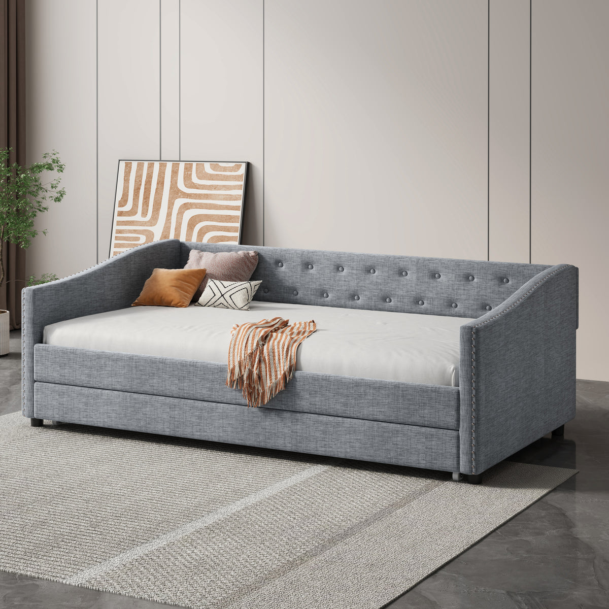 Twin Size Daybed with Twin Size Trundle Upholstered Tufted Sofa Bed, with Button on Back and Copper Nail on Waved Shape Arms-Light Grey W2336S00009-djyc