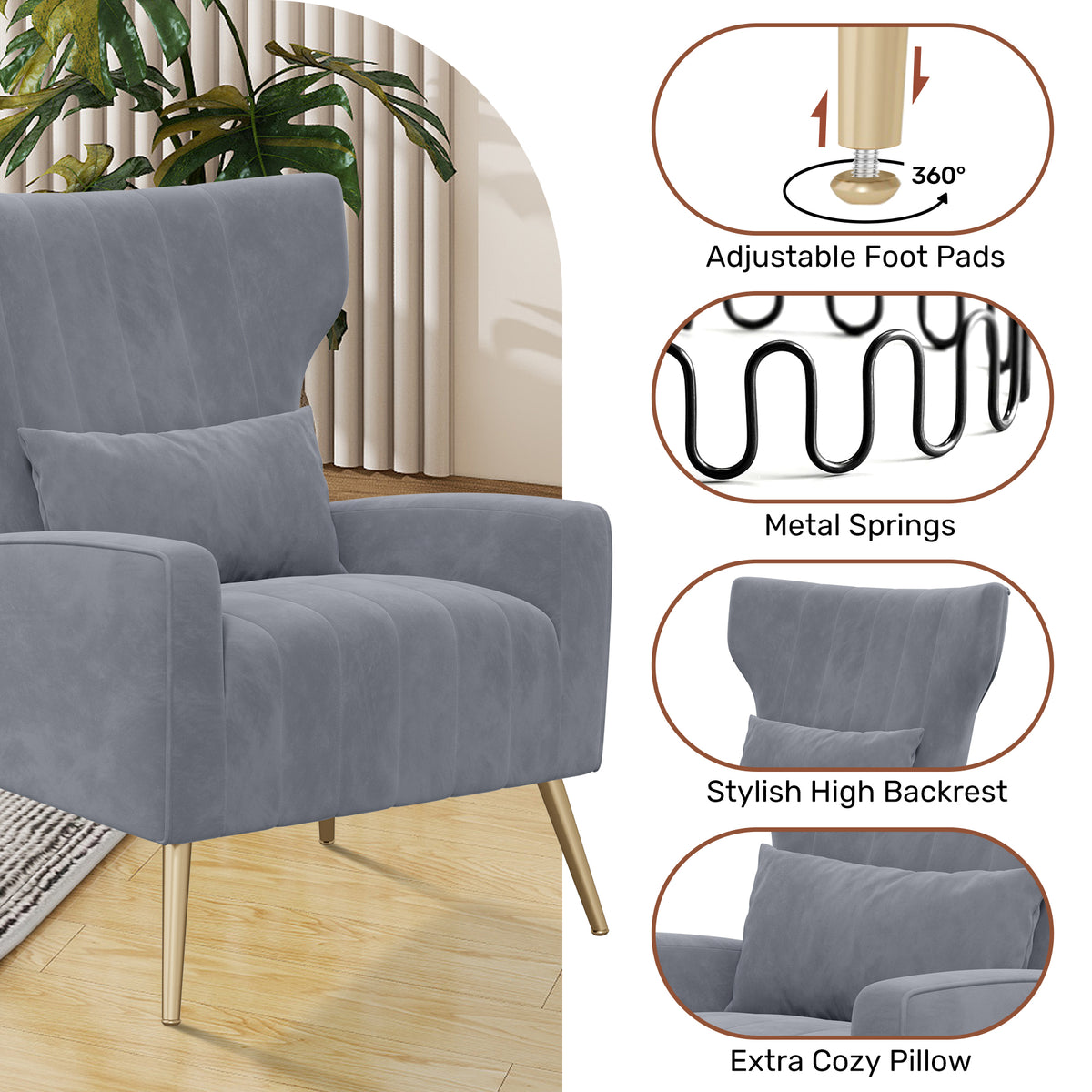 Fashionable High-Back Velvet Upholstered Armchair: High-Density Foam & Adjustable Feet FU01055-wz