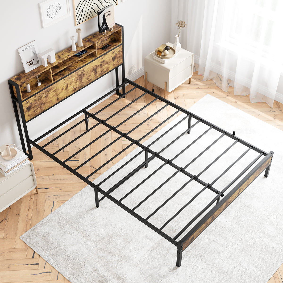 Queen Bed Frame with Storage Headboard, Metal Platform Bed with Charging Station,Bookcase Storage, No Box Spring Needed, Easy Assembly, Noise-Free, Black W840127764-djyc