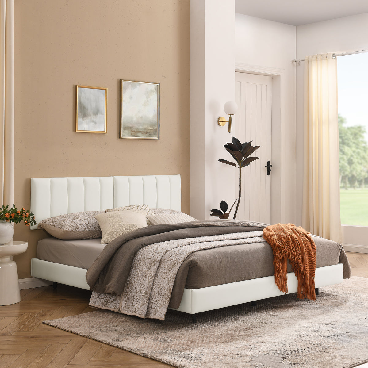 Queen Floating Bed Frame with Wall Mounted Headboard Modern Low Profile Platform Bed Frame Queen Size Faux Leather Upholstered Platform Bed Frame,No Box Spring Needed,White W487P169720-djyc