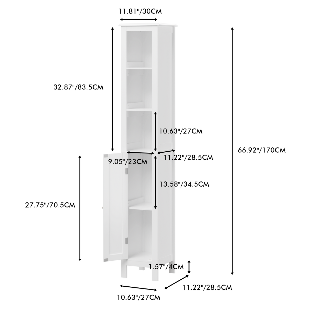 66.92" Tall Bathroom Storage Cabinet with Adjustable Shelves,Slim 1 Doors Freestanding Cabinet with Anti-Tip, Open compartments, for Home, Small Spaces, Bathroom,Kitchen, Living Room, White W808P174804-djyc